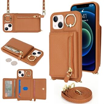 Voor iPhone 13 mini hoesje kaarthouder tas ritssluiting zak leer + TPU ringhouder telefoonhoesje met lange riem