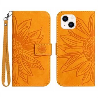 Skin-Touch Feeling Flip Phone Case voor iPhone 13 mini, HT04 Bedrukte Zonnebloem Stand PU Lederen Magnetische Portemonnee Cover met Riem