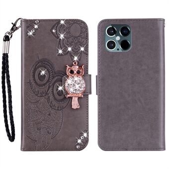 Strass decor reliëf uil patroon lederen hoes Shell met Stand portemonnee voor iPhone 13 Pro Max 6,7 inch