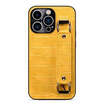 For iPhone 13 Pro Max 6.7 inch Crocodile Texture DW PU Leather Coated TPU Case Precise Cutout Hand Strap Kickstand Cover with Card Holder Slot