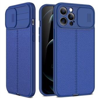 For iPhone 13 Pro Max 6.7 inch Slide Camera Cover Litchi Texture Anti-fingerprint PC+TPU Anti-fall Phone Case