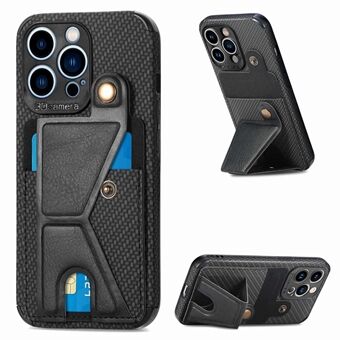 K-shape Kickstand Card Slot Phone Case for iPhone 13 Pro Max 6.7 inch, Carbon Fiber Texture Anti-drop Leather Coated TPU Cover