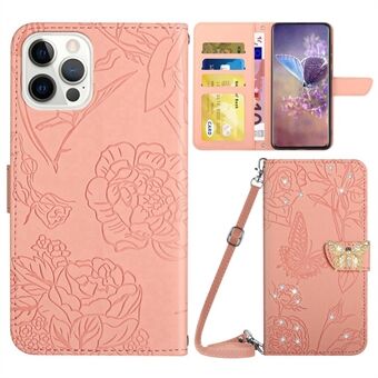 Voor iPhone 13 Pro Max 6.7 inch Anti Scratch PU Lederen Flip Wallet Case Vlinder Bloemen Bedrukt Strass Decor Telefoon Cover Stand met Schouderriem