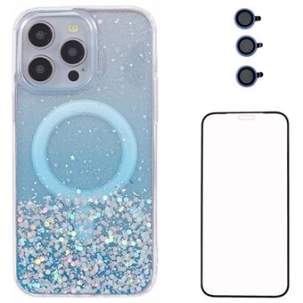 WANLONFENG JWT-serie Voor iPhone 13 Pro Max Glitter Pailletten TPU+Acryl Magnetische Telefoonhoes met Schermfolie + Lensfolie