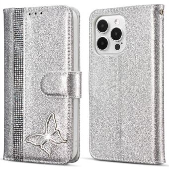 Voor iPhone 13 Pro Max Glanzende Leren Hoes met Metalen Diamant Boterige Portemonnee Standaard Cover