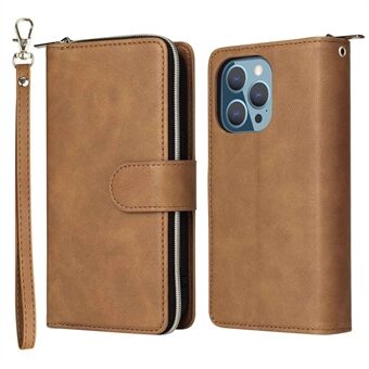 Voor iPhone 13 Pro Max 6.7 inch Flip Stand Portemonnee Telefoon Case PU Leer Magnetische 9 Kaarthouder Slots Rits Pocket Cover met Riem