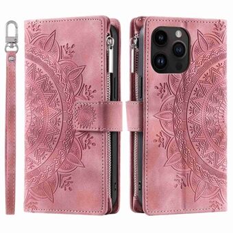 PU lederen telefoonhoes voor iPhone 13 Pro Max 6,7 inch, mandala bloem bedrukte Stand met meerdere kaartsleuven portemonnee met ritssluiting