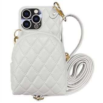 Voor iphone 13 Pro max 6,7 inch bedrukt Rhombus afneembare kaarthouder telefoonhoes pu leer gecoat pc crossbody rits portemonnee cover met schouderband