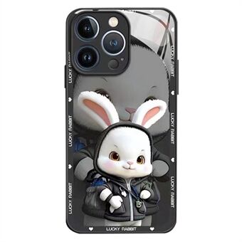 Voor iPhone 13 Pro Max 6,7 inch achterkant, Scratch cartoon konijn met rugzak gehard glas + TPU telefoon beschermhoes