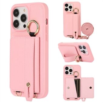 Voor iPhone 13 Pro Max 6,7 inch Kaarthouder Handriem Telefoonhoes Leer + TPU Kickstand Case met schouderriem