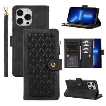 Voor iPhone 13 Pro Max 6,7 inch Rhombus PU lederen hoes Meerdere kaartsleuven Ritsvak Stand telefoonhoes