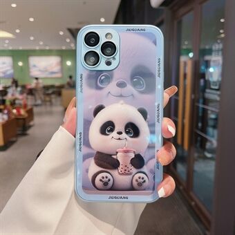 Voor iPhone 13 Pro Max Melk Thee Panda Patroon Afdrukken Anti-drop Gehard Glas + TPU Case Telefoon Cover met Lens Film