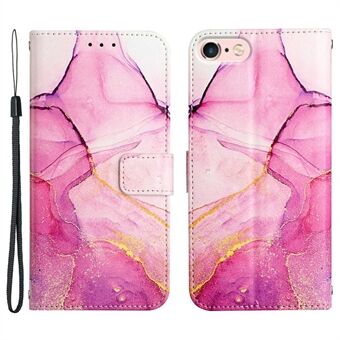 YB Pattern Printing Series-5 for iPhone SE (2022)/SE (2020)/8/7 4.7 inch Marble Pattern Wallet Cover PU Leather Stand Function Protective Phone Case with Strap