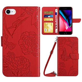 For iPhone 7 / iPhone 8 / iPhone SE 2020/2022, Butterflies Flower Imprinted Stand Leather Case Wallet Cover with Shoulder Strap