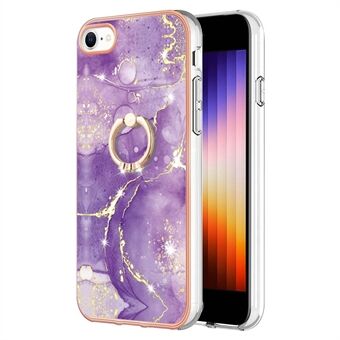 YB IMD Series-10 for iPhone 7/8/SE (2020)/SE (2022) Ring Kickstand Design Marble Pattern IMD TPU Case Electroplating Frame Phone Cover