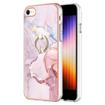 YB IMD Series-10 for iPhone 7/8/SE (2020)/SE (2022) Ring Kickstand Design Marble Pattern IMD TPU Case Electroplating Frame Phone Cover