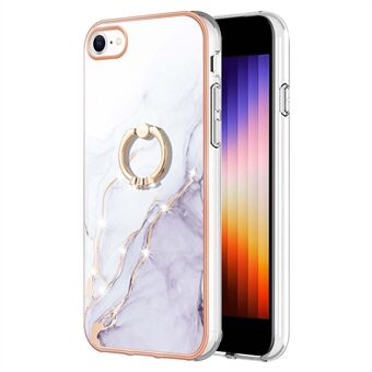 YB IMD Series-10 for iPhone 7/8/SE (2020)/SE (2022) Ring Kickstand Design Marble Pattern IMD TPU Case Electroplating Frame Phone Cover