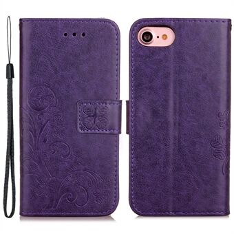 For iPhone 7 / iPhone 8 / iPhone SE 2020/2022, Wallet Stand Four-leaf Clover Pattern Imprinted Leather Case Phone Cover with Strap