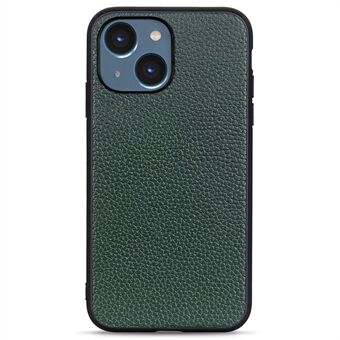 Retro Litchi-textuur telefoonhoesje voor iPhone 14 6.1 inch, echt leer gecoate zachte TPU harde pc hybride hoes