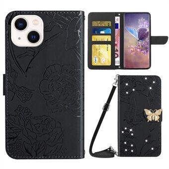 Voor iPhone 14 6.1 inch Anti-drop Vlinder Bloemen Bedrukt Strass Decor Telefoon Cover Portemonnee Stand Lederen Case met Schouderriem