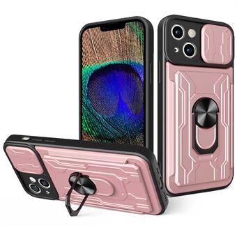 Voor iPhone 14 6.1 inch Slide Lens Bescherming Ontwerp Kickstand Case Hard PC Soft TPU Impact-Resistant Cover met Kaarthouder: