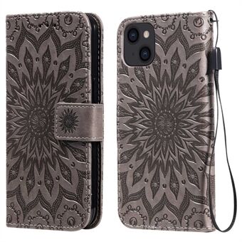 KT Imprinting Flower Series-1 voor iPhone 14 6.1 inch Anti-drop Flip Wallet Case Stand Zonnebloem Imprinting PU lederen telefoon beschermhoes met riem