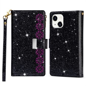 Voor iPhone 14 6.1 inch Anti- Scratch Flip Lederen Case, Laser Carving Glittery Starry Stijl Rits Portemonnee Stand met Riem: