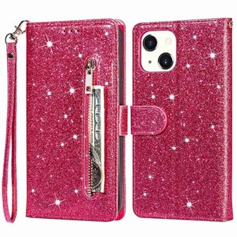 Voor iPhone 14 6.1 inch Ritsvak Glittery PU Lederen Case Portemonnee Stand Magnetische Sluiting Anti-val Telefoon Cover: