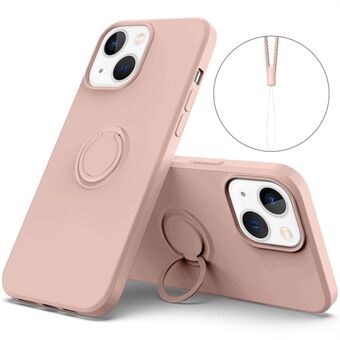 Voor iPhone 14 6.1 inch Mobiele Telefoon Case Magnetische Metalen Plaat Ontwerp Ring Houder Kickstand Vloeibare Siliconen Telefoon Cover met Polsband: