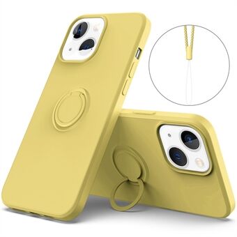 Voor iPhone 14 6.1 inch Mobiele Telefoon Case Magnetische Metalen Plaat Ontwerp Ring Houder Kickstand Vloeibare Siliconen Telefoon Cover met Polsband: