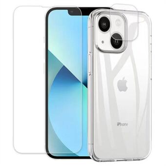 Voor iPhone 14 6.1 inch Transparante TPU Anti-shock Mobiele Telefoon Cover Shell met 2.5D Arc Edge Gehard Glas Telefoon Screen Protector Achteruitrijcamera Beschermingsfilm