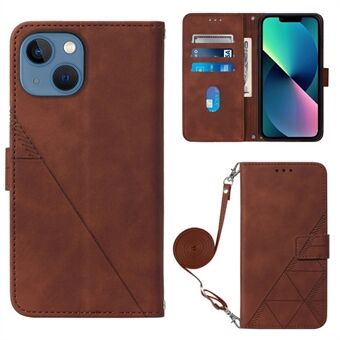 Voor iPhone 14 6.1 inch YB Opdruk Serie-2 Zakelijke Stijl Bedrukte Lijnen Case Wallet Stand PU Lederen Telefoon Cover met Schouderriem