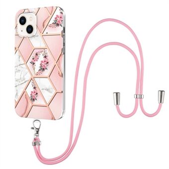 Voor iPhone 14 6.1 inch YB IMD Serie-4 IMD IML Galvaniseren Telefoon Case Marmer Bloem Patroon Soft TPU Cover met Lanyard