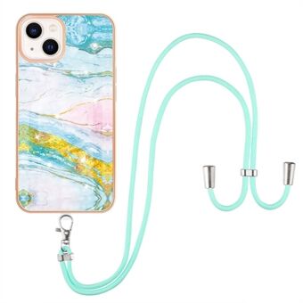 Voor iPhone 14 6.1 inch YB IMD Serie-9 Marmer Patroon Beschermhoes Soft TPU Galvaniseren Frame IMD Achterkant met Lanyard