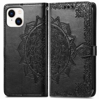 Voor iPhone 14 6.1 inch Mandala Patroon Reliëf Lederen Portemonnee Case Magnetische Sluiting Telefoon Stand Cover met Riem: