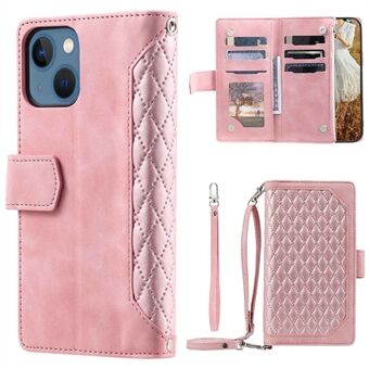 005 Stijl Voor iPhone 14 6.1 inch, Schokbestendig Ritsvak Flip Wallet Case Stand PU Leer Rhombus Textuur Beschermende Telefoon Cover met Riem Kaarthouder