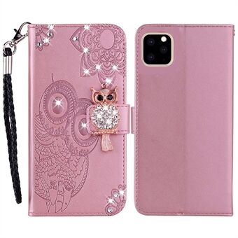 Strass decor lederen hoes voor iPhone 14 6,1 inch, uil bloem bedrukt telefoon portemonnee Stand cover