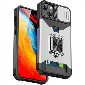 Voor iPhone 14 6.1 inch Hard PC Soft TPU Hybride Mobiele Telefoon Case Slijtvaste Slide Camera Lens Cover Ontwerp Kickstand Achterkant met Card Slot