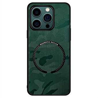 Voor iPhone 14 6.1 inch Magnetische Draadloos Opladen Camouflage Telefoon Case Leer Gecoat Hybrid Cover met Car Mount Metalen Plaat