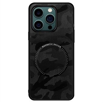 Voor iPhone 14 6.1 inch Magnetische Draadloos Opladen Camouflage Telefoon Case Leer Gecoat Hybrid Cover met Car Mount Metalen Plaat