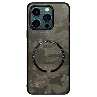 Voor iPhone 14 6.1 inch Magnetische Draadloze Opladen Camouflage Telefoon Case Leather Coated Hybrid Cover met Car Mount Metalen plaat