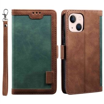 Voor iPhone 14 6.1 inch Schokbestendig Telefoon Flip Wallet Cover Stand Scratch Retro Kleur Splicing PU Lederen Telefoon Case met Handige Band