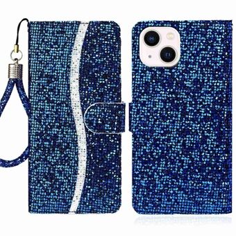 Voor iPhone 14 6.1 inch Glitter Bling PU Lederen Portemonnee Stijl Telefoon Case Verstelbare Stand Flip Shell met Draagriem: