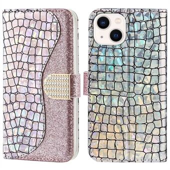 Voor iPhone 14 6.1 inch Sparkly Glitter Splicing Stand Telefoon Cover Krokodil Textuur Anti-slijtage PU Lederen Portemonnee Stijl Shell