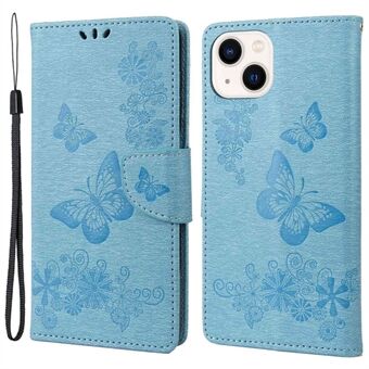 Voor iPhone 14 6.1 inch PU Leer Big Vlinders Bloem Patroon Opdruk Telefoon Cover Stand Functie Portemonnee Flip Magnetische Case met Riem