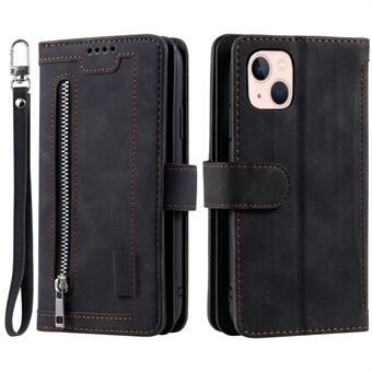 Voor iPhone 14 6.1 inch Ritsvak Ontwerp 9 Kaartsleuven PU Leather Case Magnetische Sluiting Stand Wallet Cover met Riem: