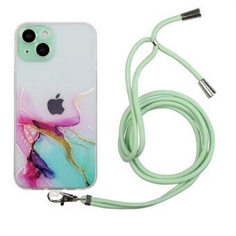 Marmeren patroonhoes voor iPhone 14 6,1 inch, schokbestendig anti-val reliëf TPU-telefoonhoes met lanyard