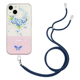 Voor iPhone 14 6.1 inch Schokbestendig Embossment Gelakt Vlinderpatroon Soft TPU Phone Case met Verstelbare Lanyard