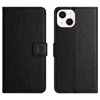 Voor iPhone 14 6.1 inch PU lederen flip portemonnee hoesje Stand anti-slijtage anti-val Litchi textuur telefoon omhulsel - zwart