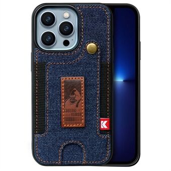 Voor iPhone 14 6.1 inch Kaartsleuf Ontwerp Handriem Jeans Doek + Leer Gecoat TPU Telefoonhoesje: